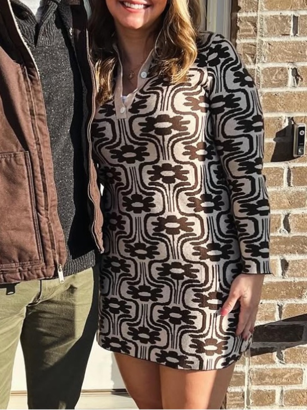 Bohme Brown and Cream Floral Long Sleeve Dress